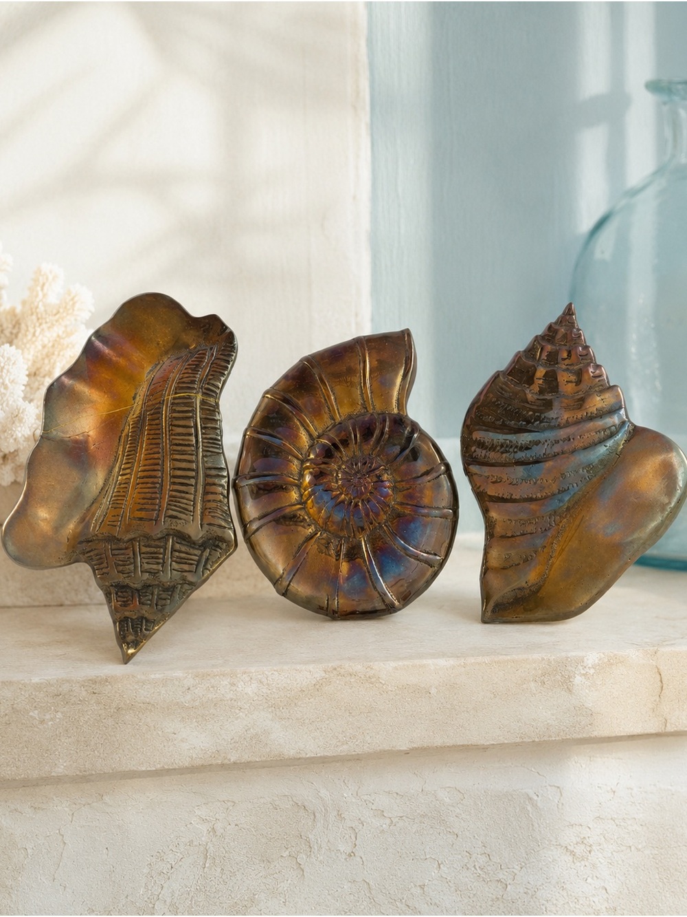 Vintage Solid Brass Seashell Wall Plaques Set 3 Korea Coastal MCM Decor Box Naut